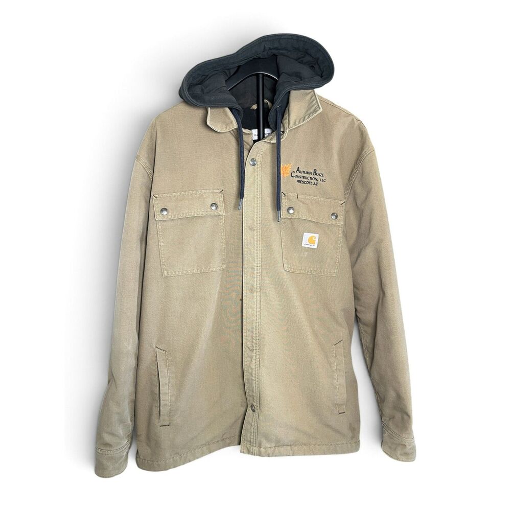 Carhartt Quick Duck Jacket Mens XL Hooded Fleece Lined Workwear Brown 2014